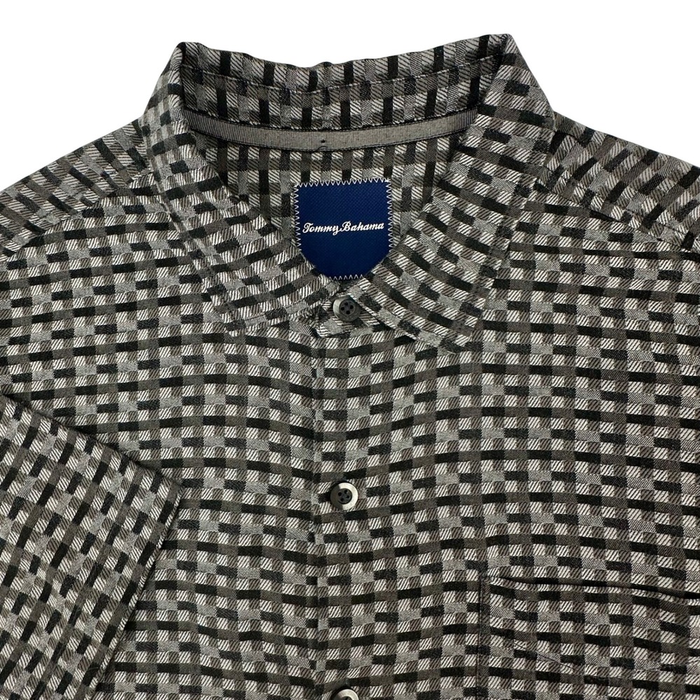 Tommy Bahama Mens Large‎ Silk Cotton Grey Black Geometric Checkered SS Shirt
